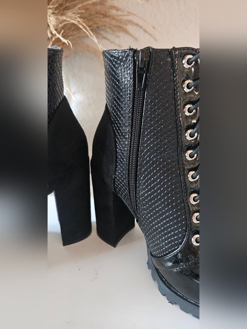 Olivia Fargiano Black Patent & Suede Tie Up Boots - Picture 6 of 10